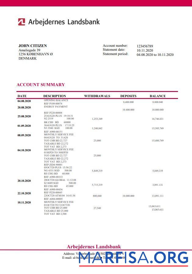 Downloadable Denmark Arbejdernes Landsbank bank statement word example